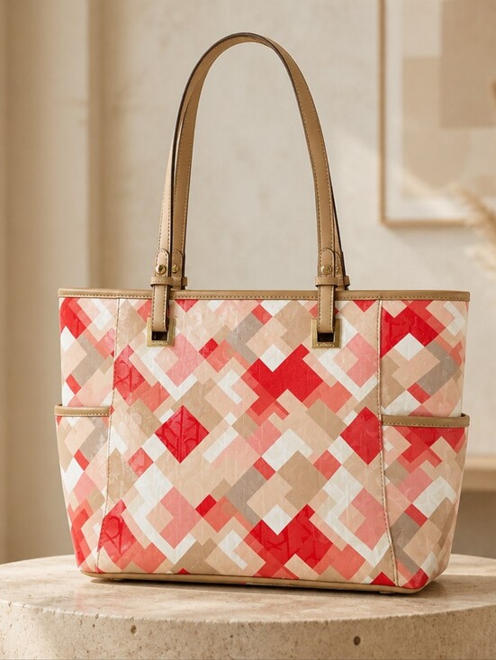 Calvin Klein Handbags - Women’s Geometric Pink & Red Tote Bag (FREE BEAUTY GIFT INCLUDED)